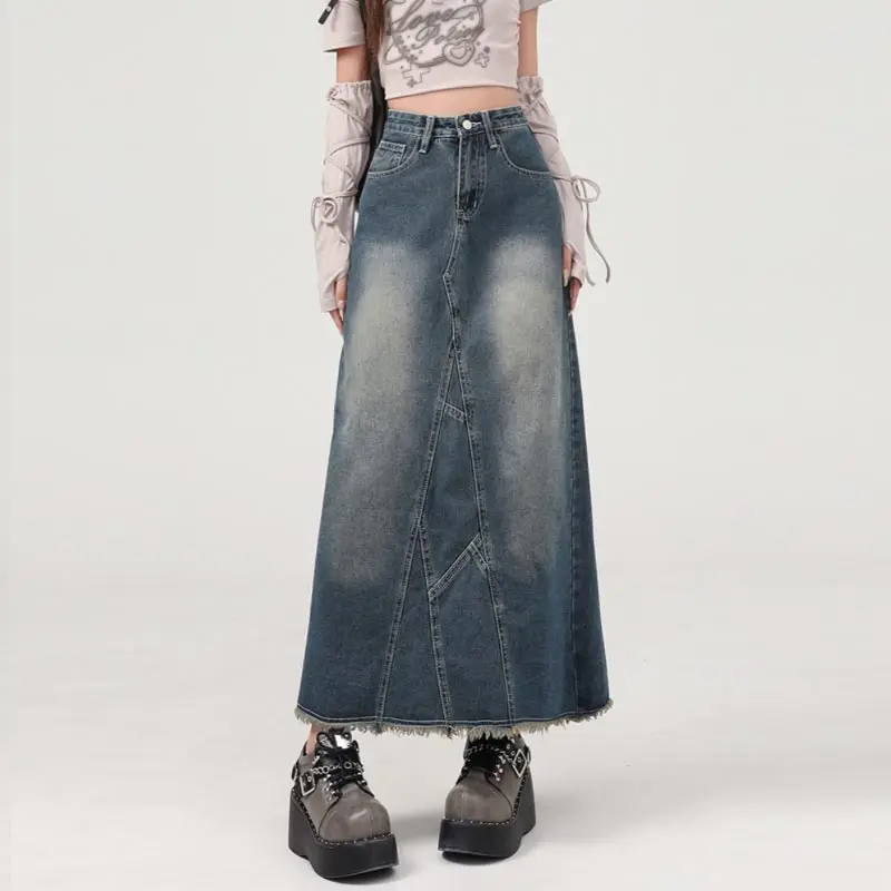 

Vintage Raw Edge Mid-length Denim Skirt for Women Spring Autumn High Waist Straight A-line Slit Skirt Y2k Clothes Plus Size