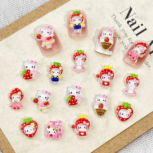 50 Uds. De nuevos dijes para uñas de fresa Hello Kitty, Mini vestido con purpurina translúcida helada, decoraciones artísticas para uñas 3D de gato KT para bricolaje Kawaii