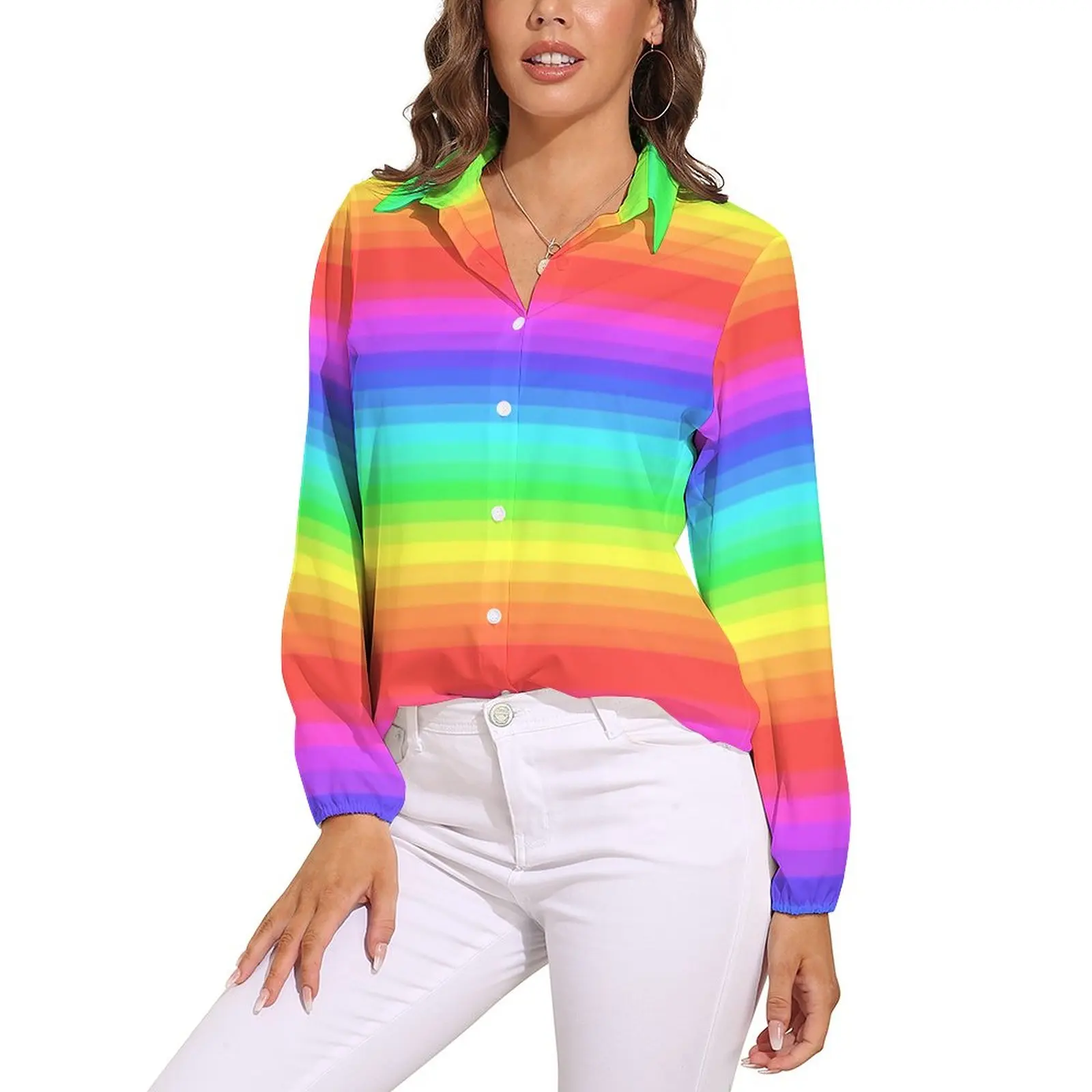 Bright Rainbow Blouse Long-Sleeve Colorful Stripes Print Office Work Blouses Womens Streetwear Oversized Shirts Cute Top Present