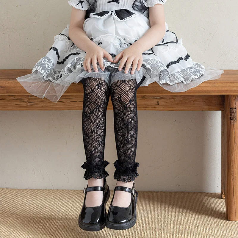 Girls Fishnet Lace Capri Tights Nylon 9‑Point Leggings Ruffle Trim Hollow Out Socks 135-175cm for Lolita Dress Party Costume