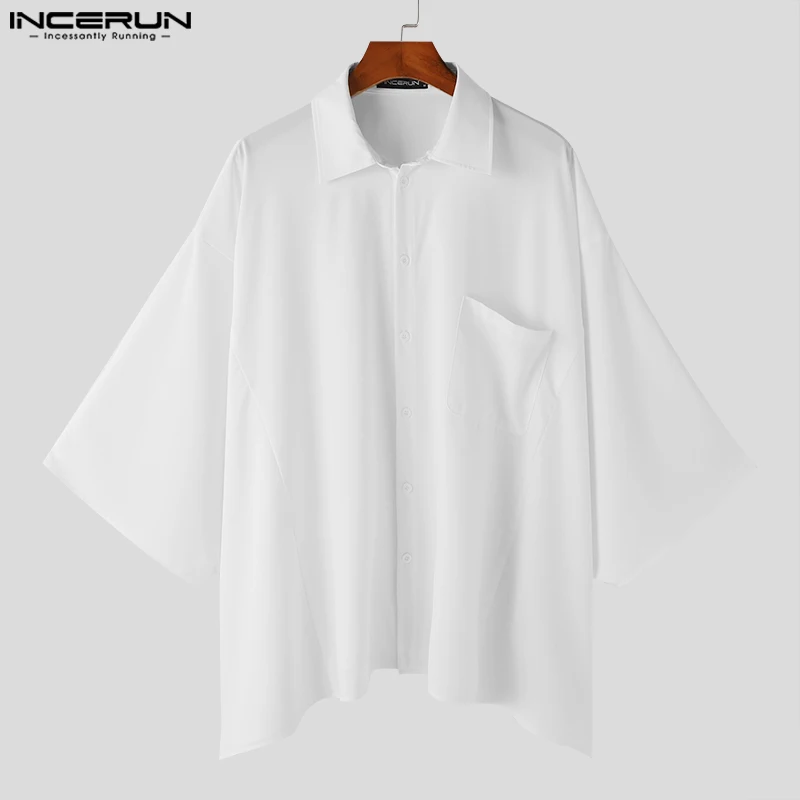 INCERUN 2024 Men Shirt Solid Color Lapel Long Sleeve Loose Fashion Men Clothing Streetwear Korean Casual Irregular Shirts S-5XL