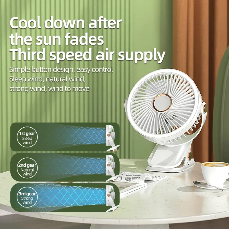 USB recarregável ventilador para Camping e Dormitório, Clip-on Tipo, portátil Mini Desk Fan, rotação de 360 graus, ventilador ajustável com luz LED,