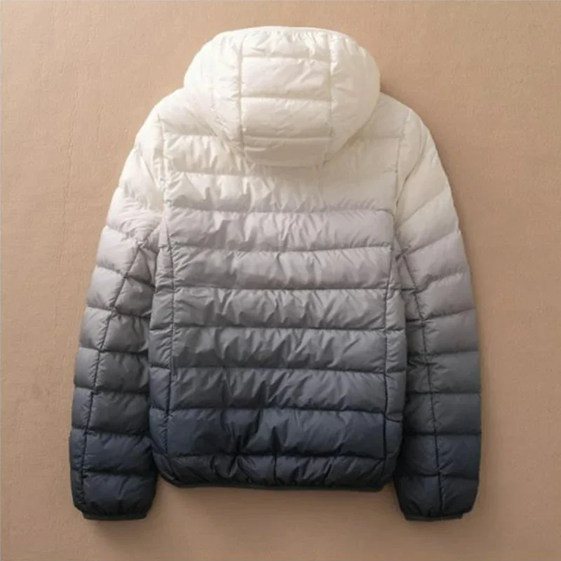 Inverno feminino 90% pato branco para baixo casaco ultra leve oversize puffer jaqueta feminina curto com capuz cor gradiente parkas 2024