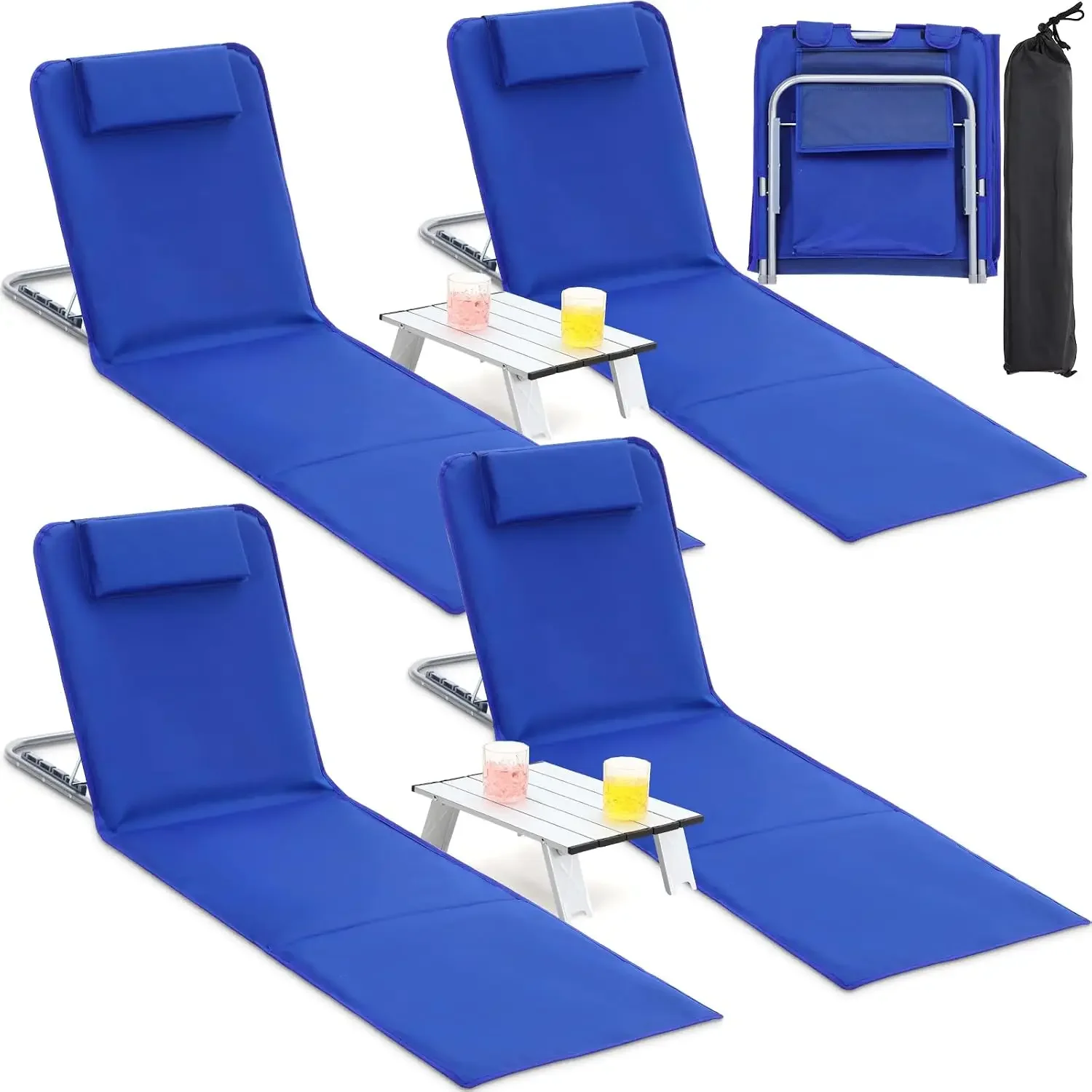 4 Pack Beach Lounge Chaise Chairs with 2 Folding Side Tables Portable Tanning Chair 5 Position Adjustable Lightweight
