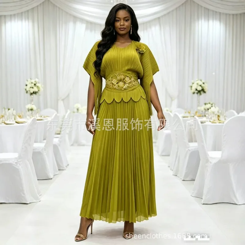 Miyake Pleated New Beaded Round Neck Short Sleeve Solid Color Tie Elegant Top and Pleated Skirt 2-Piece Set Plus Size Women