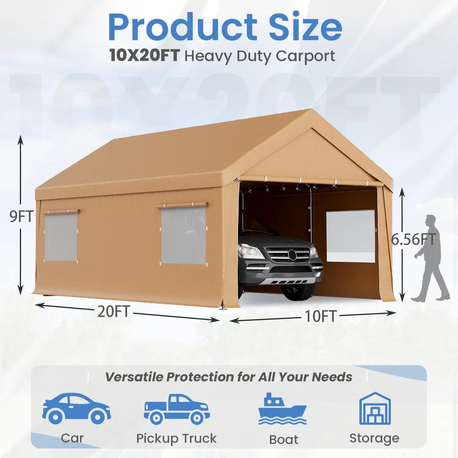 10x20 Heavy Duty Carport Portable Canopy Garage, Outdoor Car Shelter Shed, Removable Sidewalls Zipper Doors, Vehicle Truck Boat Storage Tent, Outdoor Party Pavilion view 2
