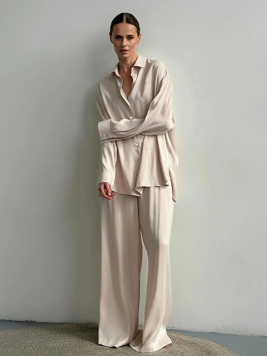 

Marthaqiqi Satin Loose Female Sleepwear 2 Piece Suit Long Sleeve Pajamas Turn-Down Collar Nightwear Pants Casual Nightgowns Sets