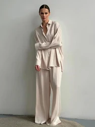 Marthaqiqi Satin Loose Female Sleepwear 2 Piece Suit Long Sleeve Pajamas Turn-Down Collar Nightwear Pants Casual Nightgowns Sets