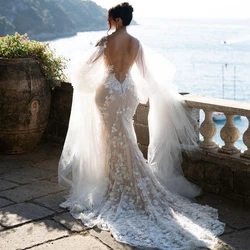Charming Lace Floral Bridal Dresses Sexy Backless 3D Appliques Mermaid Wedding Gowns Fashion V Neck Ruffles Sleeves Wedding Dres