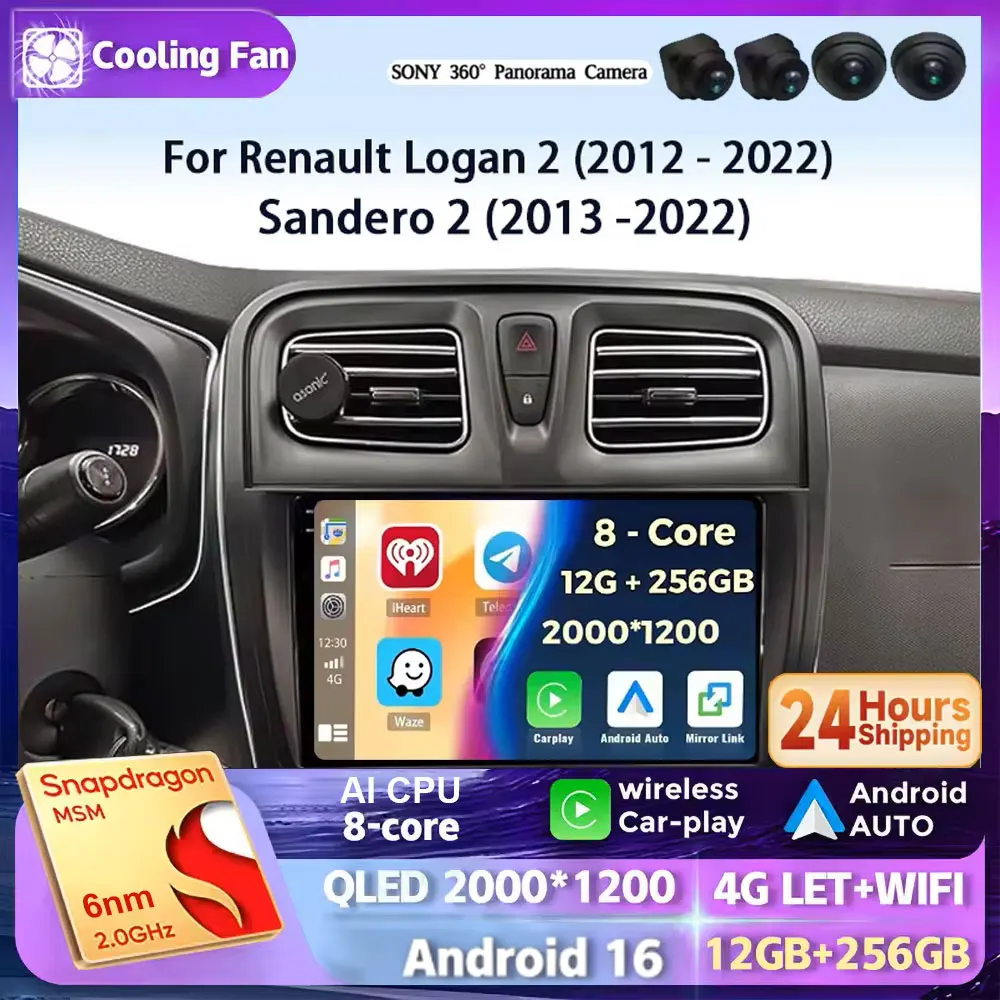 Android 16 For Renault Logan 2 2012 - 2022 Sandero 2 2013 -2022 2K QLED Stereo Car Radio Multimedia Video Player GPS 4G CarPlay