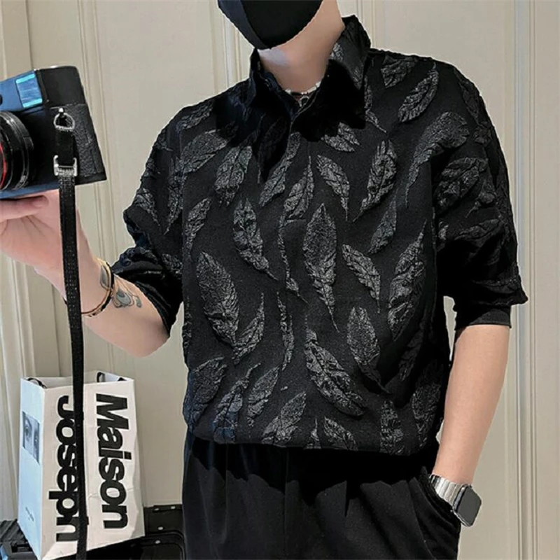 Leaves Pattern Jacquard Polo Shirts For Men Three Quarter Sleeve Summer High Quality Designer Casual Loose Fit Camisas De Hombre