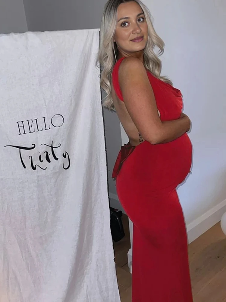 فستان أمومة بدون ظهر لالتقاط الصور ناعم وردي نحيف ماكسي فستان الحمل تكشف عن الجنس استحمام الطفل الأمومة التصوير الدعامة زائد