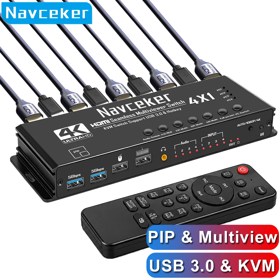 Navceker KVM Switch HDMI 4K Quad Multiviewer HDMI 4x1 USB 3.0 PIP HDMI Seamless Switcher 4 in 1 out Sharing 4 PC Keyboard Mouse