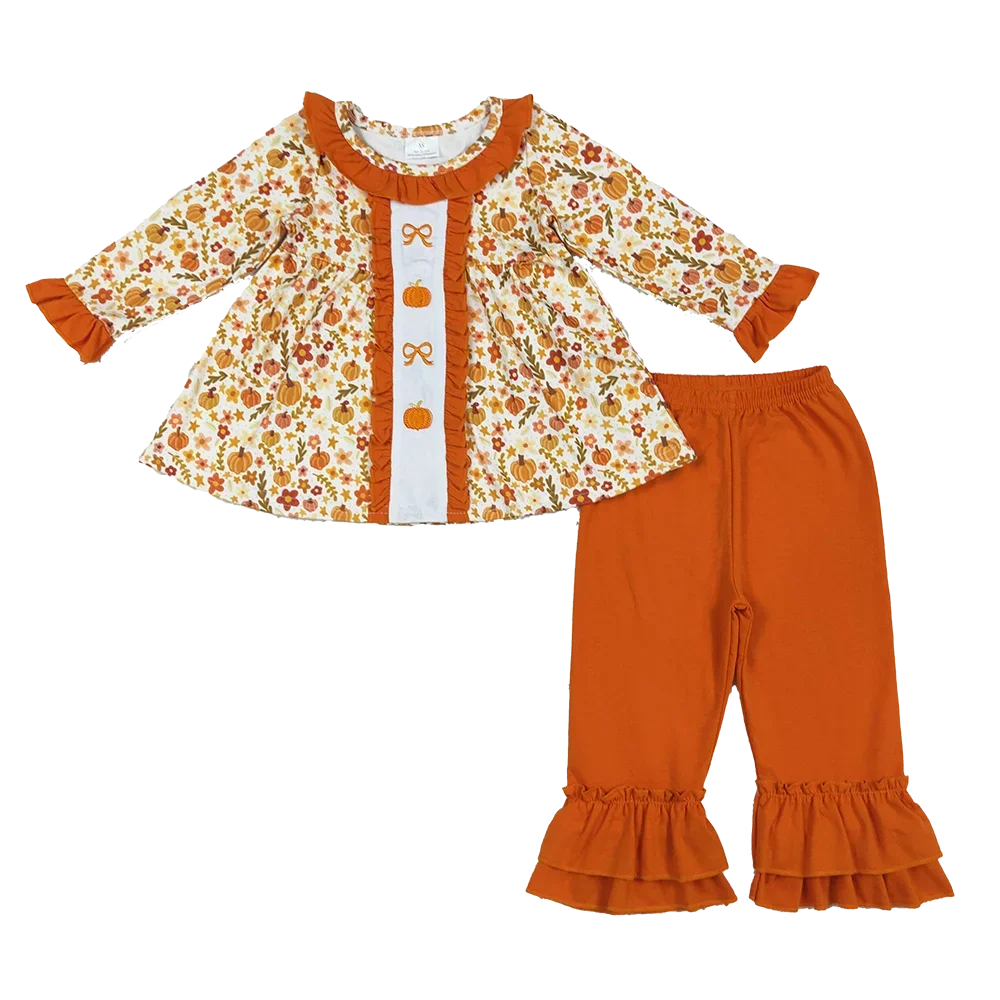

Baby Girl Clothes Embroidery Baby Girls Fall Flowers Bows Pumpkins Tunic Ruffle Pants Sets
