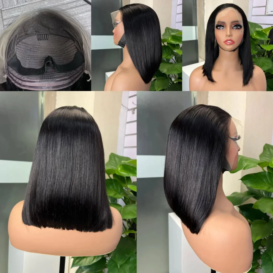 Raw Vietnamese SDD Blunt Cut Bone Straight Short Bob Wig 13x4 Lace Front Human Hair Wigs Transparent Lace Frontal Wig SDD Double Drawn Pre Plucked Silky Straight 1B Natural Colored 100% Human Hair Lac