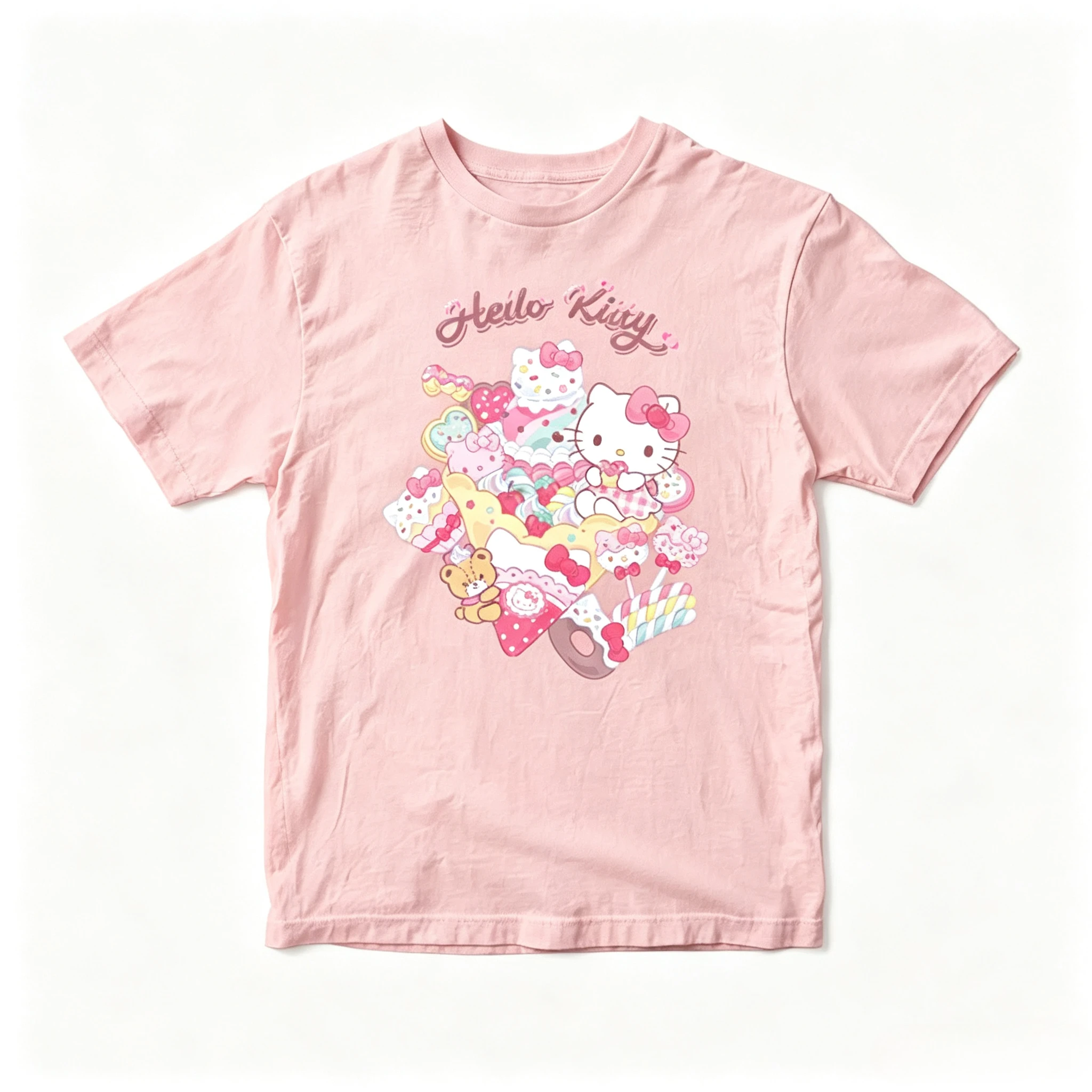 Hello Kitty T Shirt Sanrio Cartoon Hello Kitty Sweet Dessert Ice Cream Candy Print Short Sleeve Cotton Casual Tees for Women