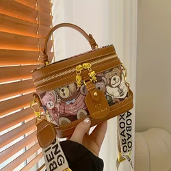 2024 New Cute Bear Pattern Bucket Bag, Cartoon Mini Box Handbag, Women Wide Strap Crossbody Bag Purse