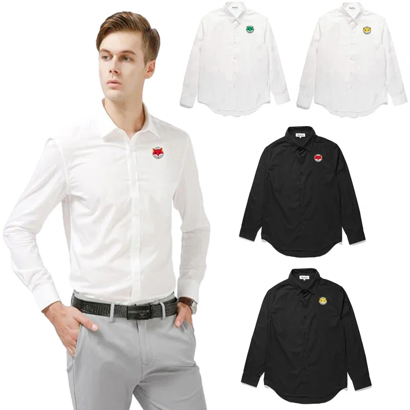 

Men Shirt Polyester Cartoon Fox Head Embroidery Lapel Single Breasted Long Sleeve Fit Spring Autumn Pure Casual Shirt