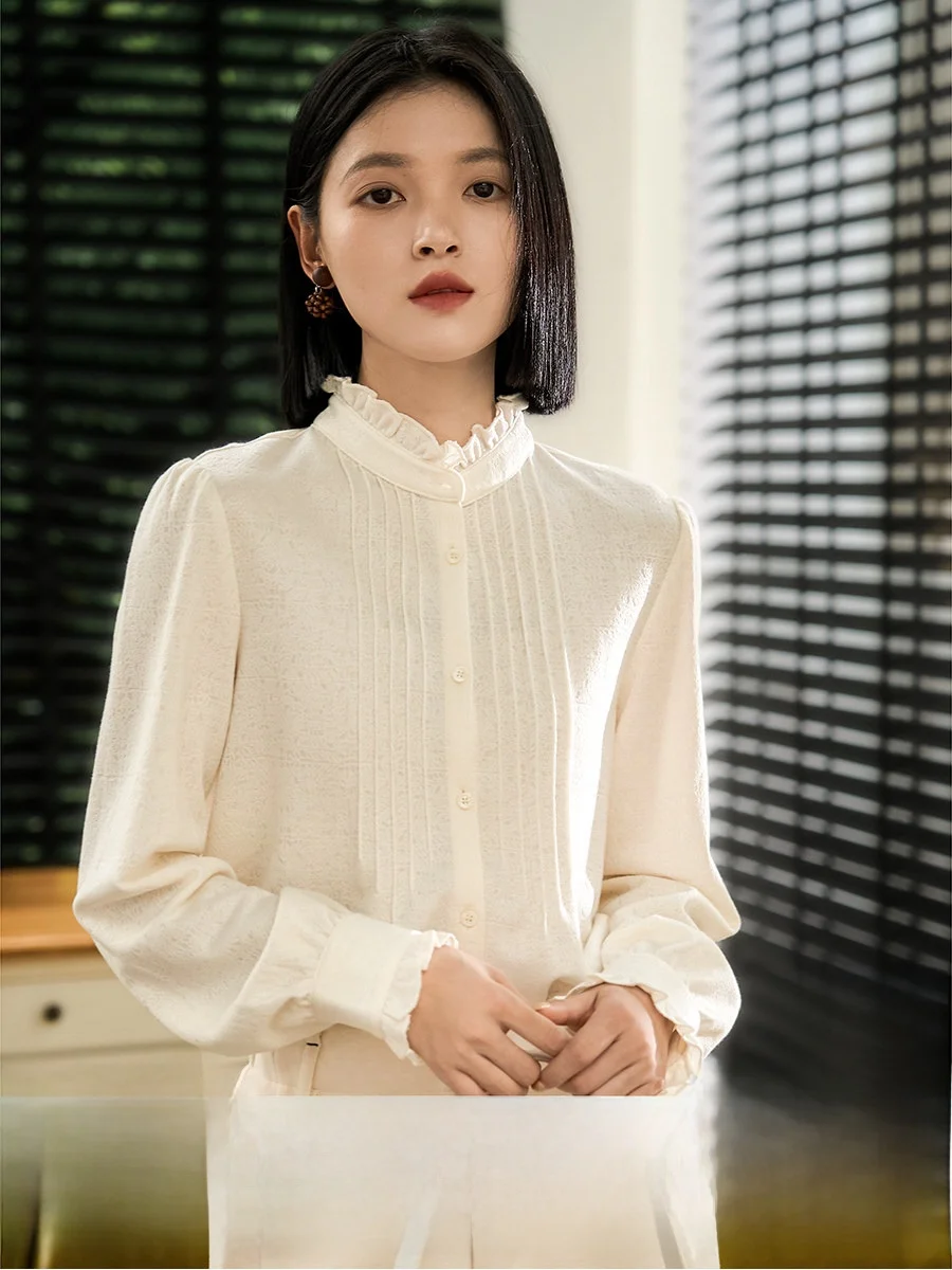 

Ele Design Wooden Ruffle Larsele Wool Cotton irt Women's French Sle Fitted Long Sve Breathable Casual irt