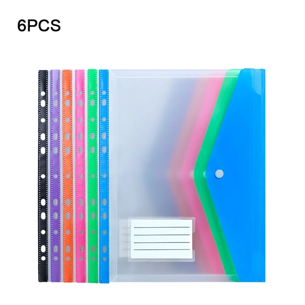

6 pcs Simple Design Plastic Binder Folders A4 Clear Binder Pocket 11 Holes Snap Closure Label Loose-Leaf School