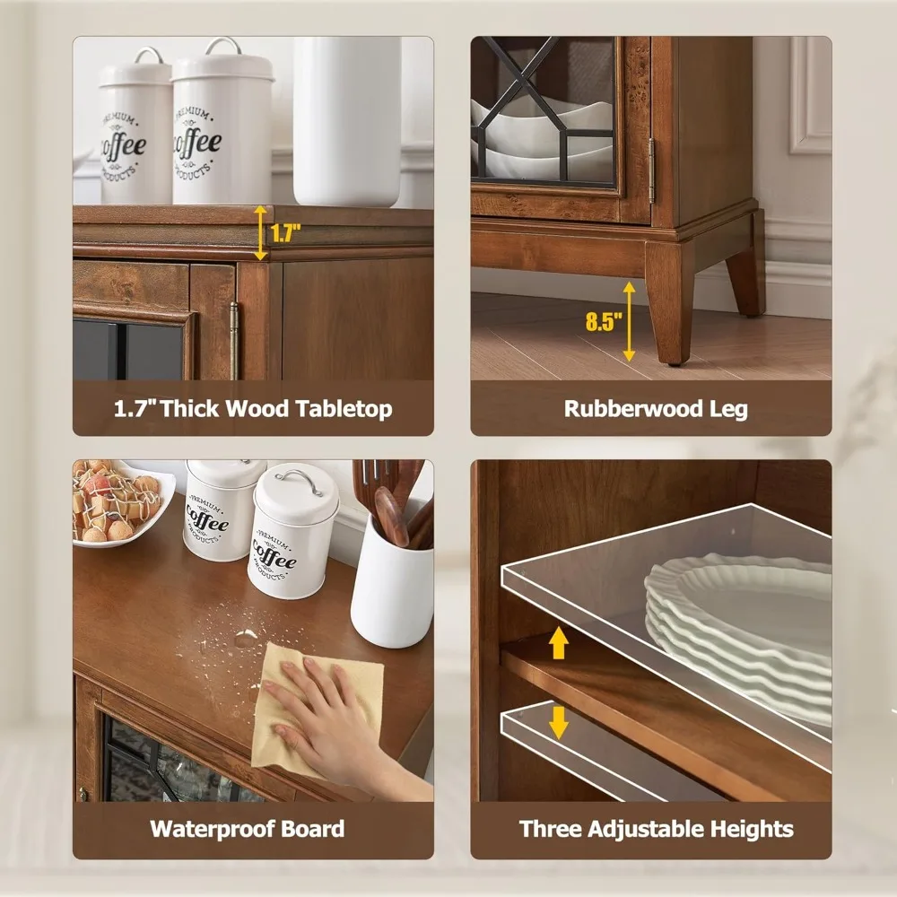 

Sidebord Buffet Cabinet with Storage, 48 Solid Wood Coffee Bar with 3 Glass Door, Mid Century Modern Credenza