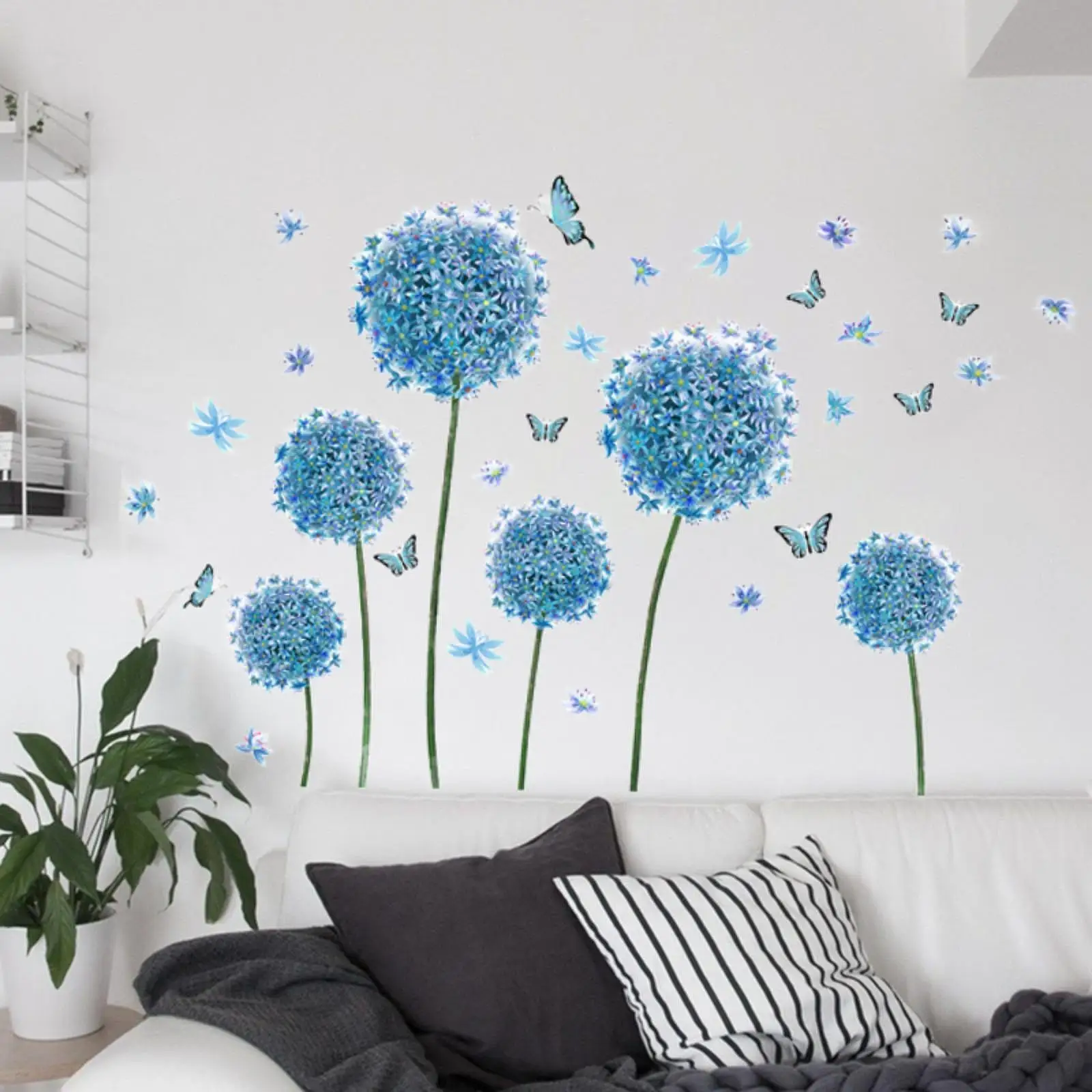 DIY Blue Dandelion Wall Sticker Decals Easy to Use Self Adhesive Decoration Art Stickers Floral Wall Decals for Smooth Surface