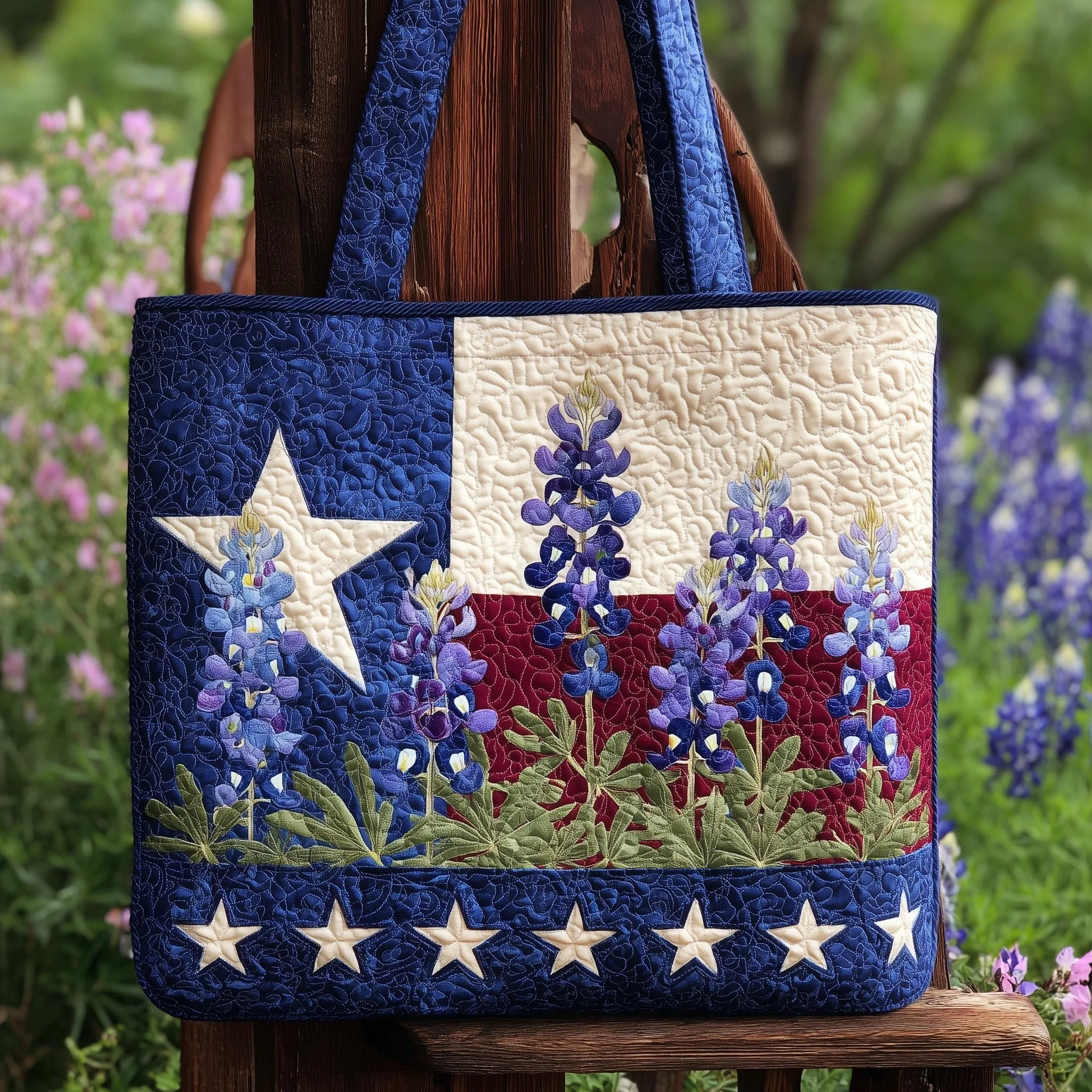 Texas Lone Star Bluebonnet Quilted Tote Bag Large Capacity Women Men Shoulder Bag for Daily Travel Shopping