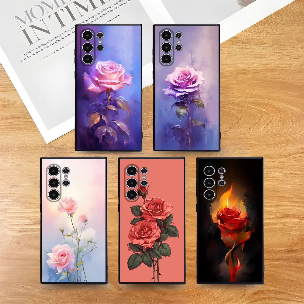 

Oil Painting Rose Flower Phone Case For Samsung Galaxy S25 S24 S22 S23 Ultra S21 S20 Plus 5G Frosted Shockproof Full Cover Case