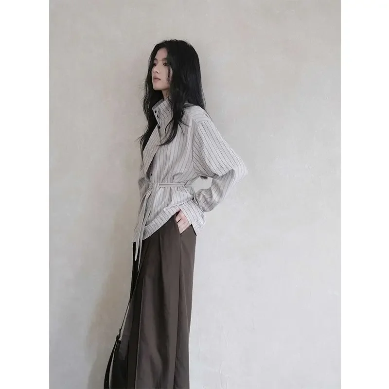 Deeptown Lace Up Striped Women Shirt Vintage Elegant Long Sleeve French Style Button Blouse Female Loose Office Lady Casual New