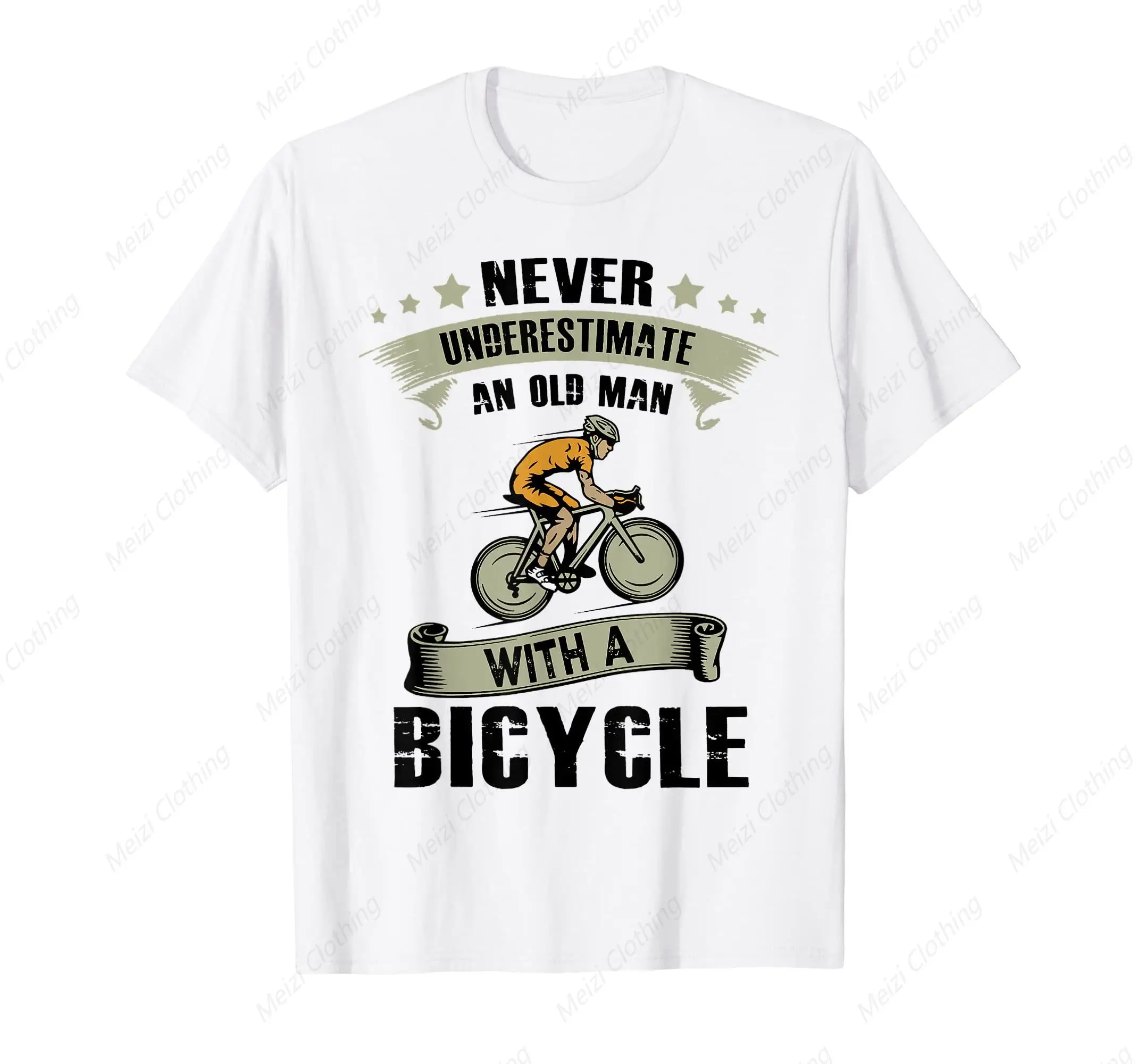 

The Elderly Cyclist'S Printed Shirt Is Retro And Never Underestimates The Cool And Fashionable White Cotton Short Sleeved