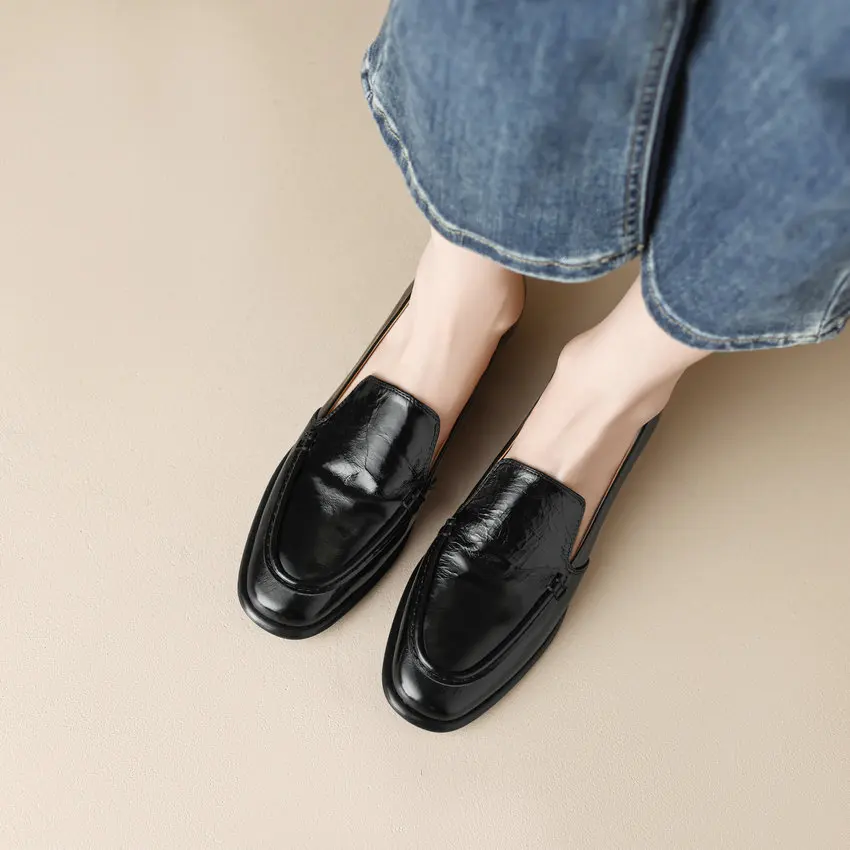 QUTAA 2023 Classic Women Pumps Spring Summer Working Casual Genuine Leather Low Heels Round Toe Loafers Shoes Woman Size 34-40