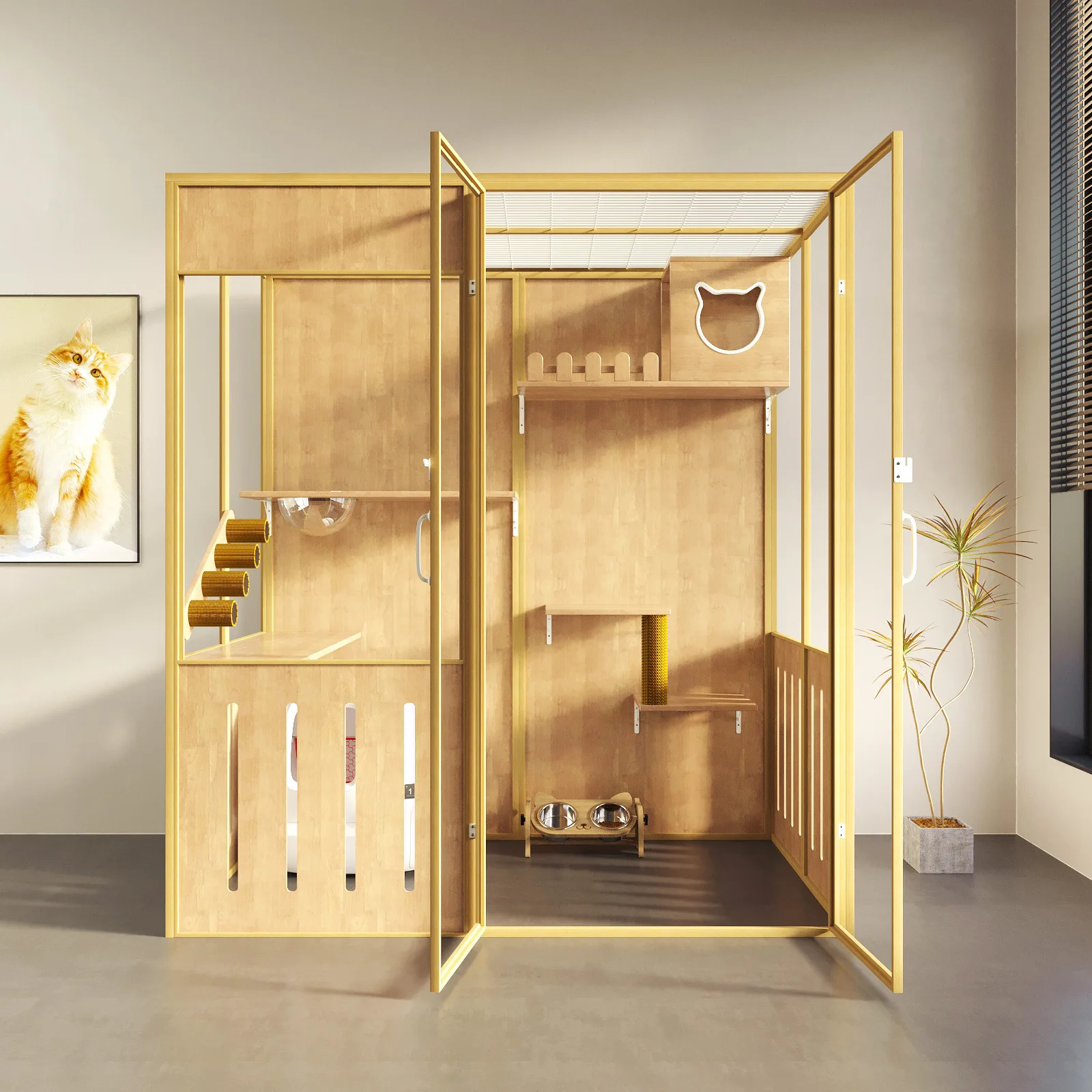 Customized cat villa glass room solid wood pet display cabinet cage large space paradise luxury interior
