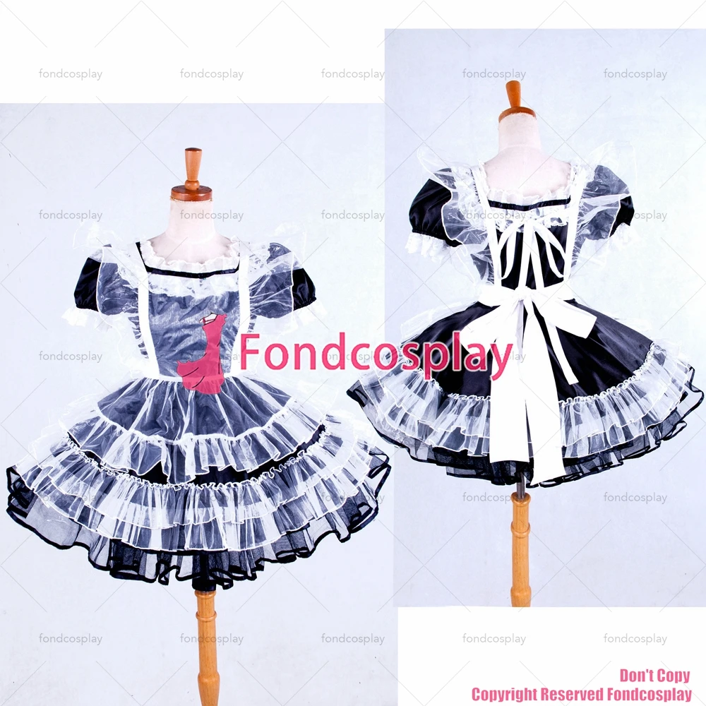 

fondcosplay adult sexy cross dressing sissy maid short lockable black Satin Organza dress Uniform apron CD/TV[G1589]