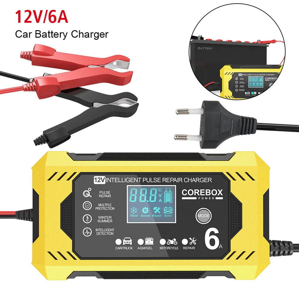 

Импульсный ремонт, зарядка аккумулятора для мотоцикла, внедорожника, грузовика, интеллектуальное многофункциональное умное автомобильное зарядное устройство, высокая мощность 12 В/6 А