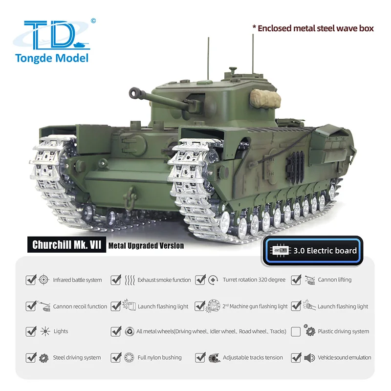 TD 1/16 RC Military Tank Churchill Mk.VII Metal Tracks Infrared Battle RTR Model High Traction Ready-to-Run for RC Lovers