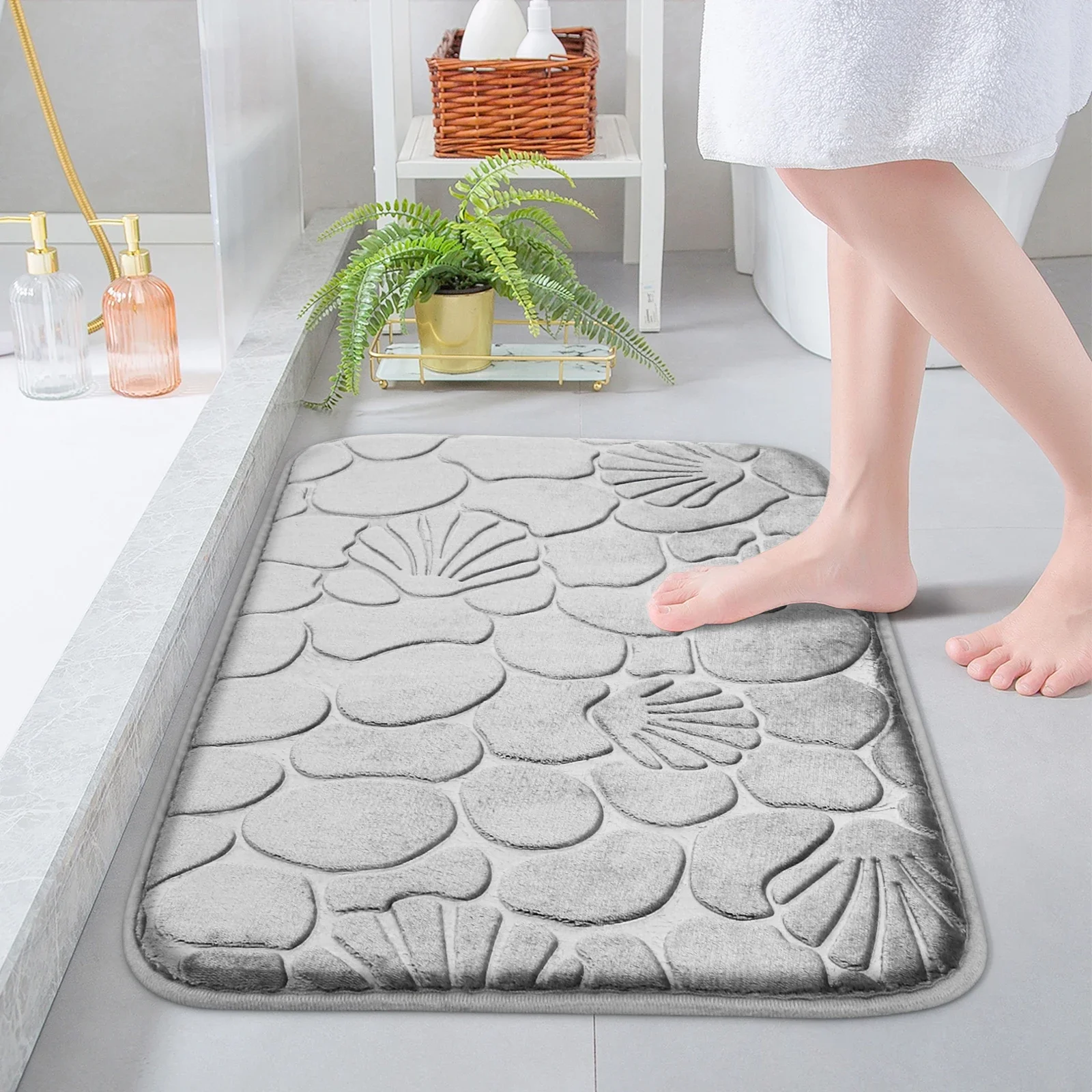 Bath Mat Shell and Pebble Embossed Anti Slip Bathroom Rug Flannel Soft Absorbent Washable Carpet Quick Dry Bath Mat Shower Mat