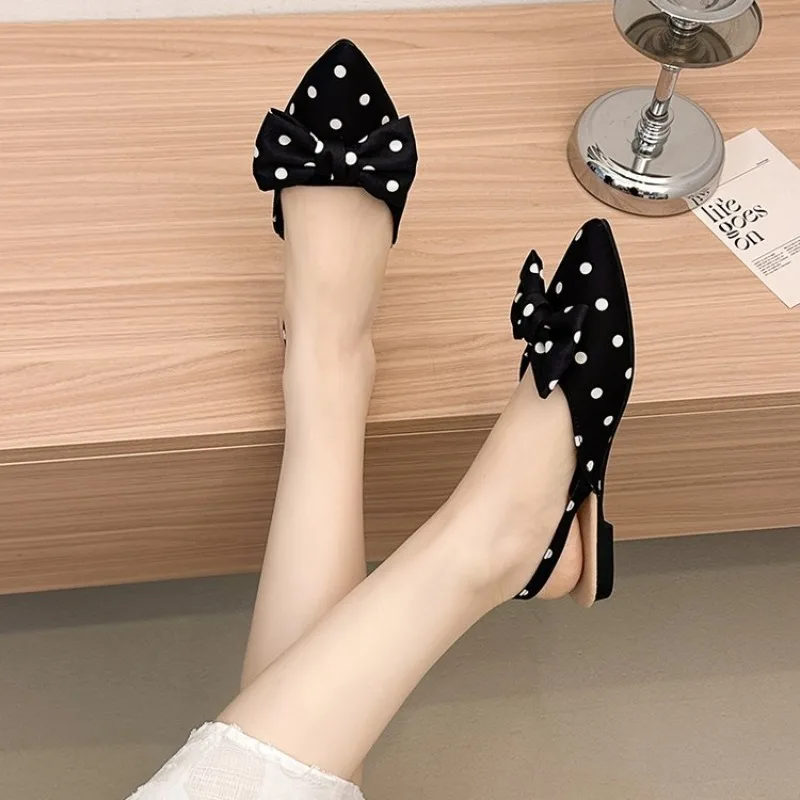 Women's Pointed Toe Slingback Flats Flat Heel Woven Look Upper Houndstooth Pattern Oversized Bow Decor Casual Everyday Shoes