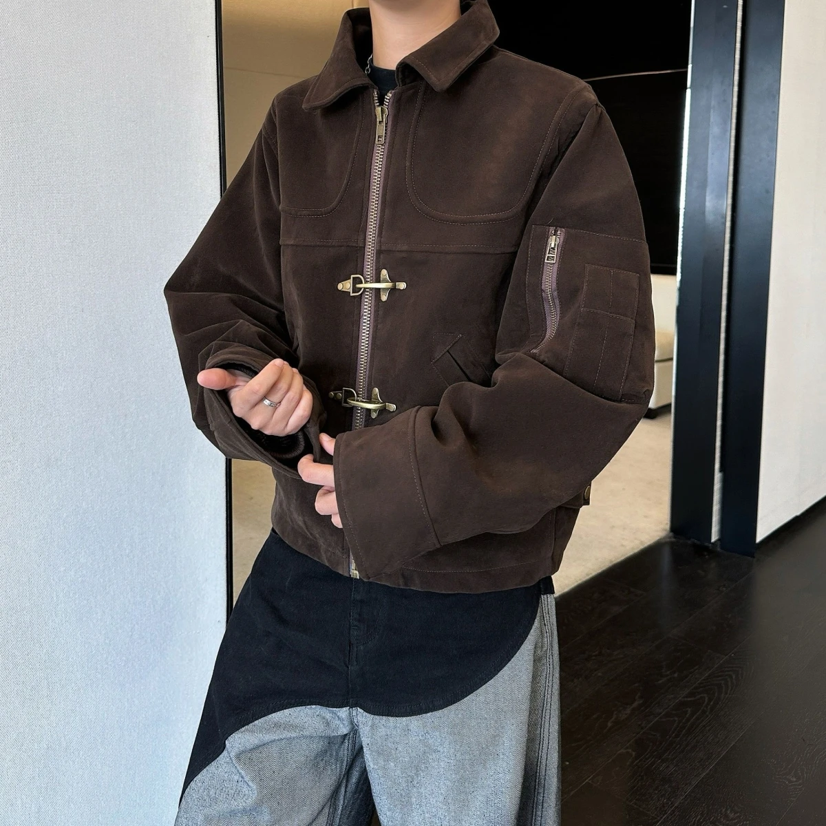Retro American Deconstructed Aircraft Buckle Short Jacket Men's Women's High Design Sensibility Suede Trend Outerwear