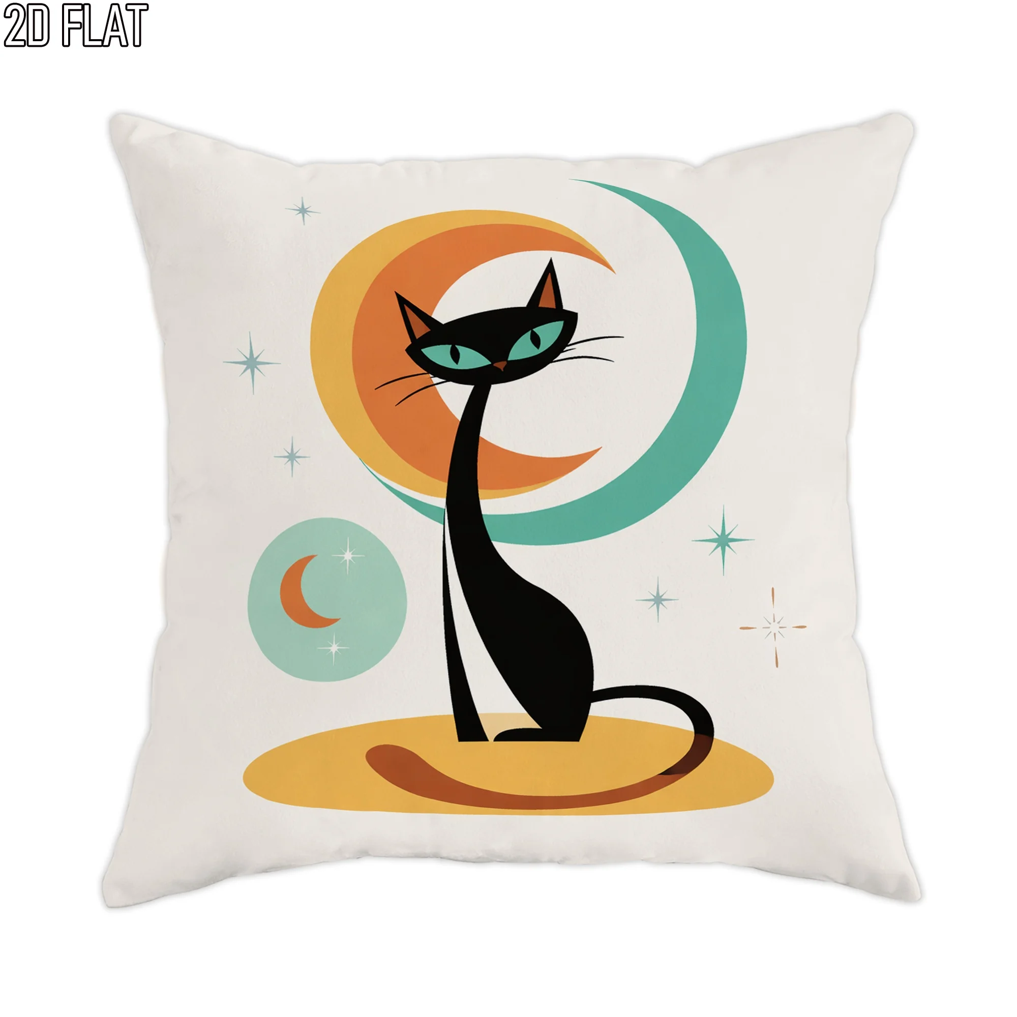 Retro Cat Pillow Cover Mid-Century Modern Black Cat with Orange Teal Moon Stars 16x16 Inch Square Home Decor