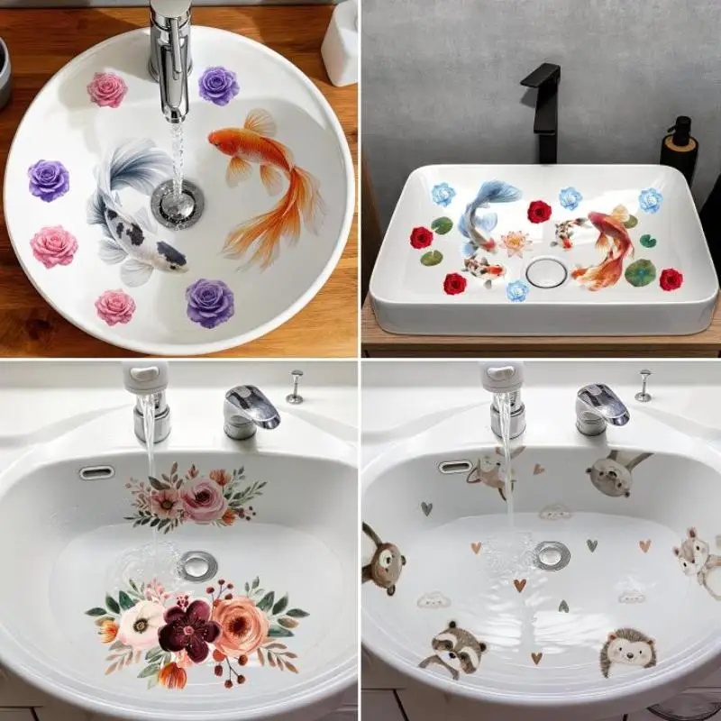 New Lucky Koi Floral Washbasin Sticker Self Adhesive Waterproof Removable Bathroom Sink Wall Decal Home Bathroom Decor Art Mural
