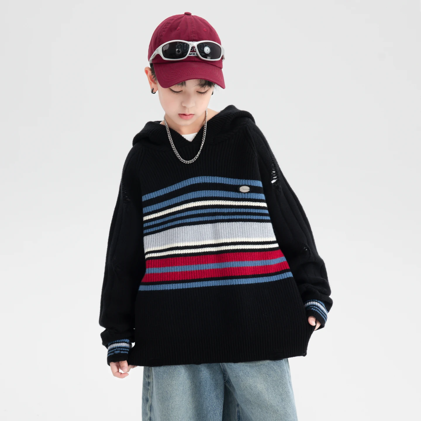 

Street Casual Trend Popularity Vintage Color Collision Stripe Handsome Versatile Insert Knit Boy's Hooded Sweater Autumn 2025