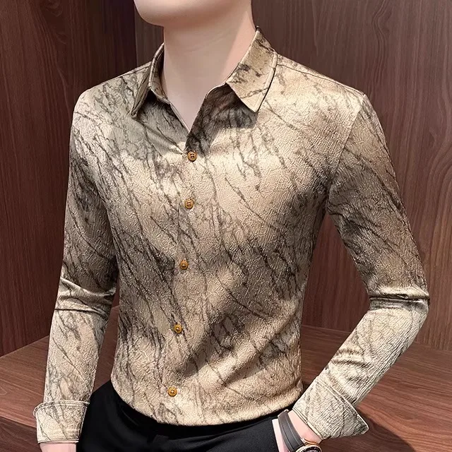 

Gold Floral Trendy Casual Long Sve Men's irt Spring Summer Autumn Breathable Stand Fit Collar Pure Color Perform...