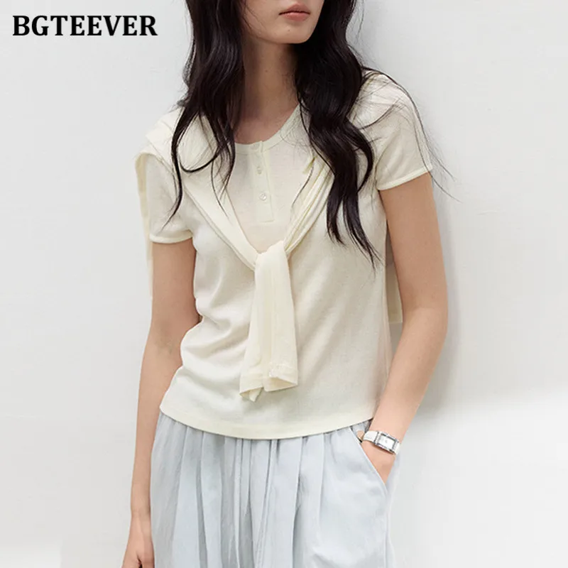 

BGTEEVER Летняя шелковая футболка с короткими рукавами для женщин, базовая рубашка, облегающий топ из хлопка и льна