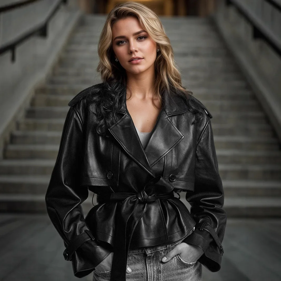 سترة جلدية سوداء أنيقة ذات طية صدر السترة للنساء عادية كم كامل الدانتيل يصل الخامس الرقبة فضفاضة سترات قصيرة 2025 سيدة التنقل اليومي أبلى جديد #4