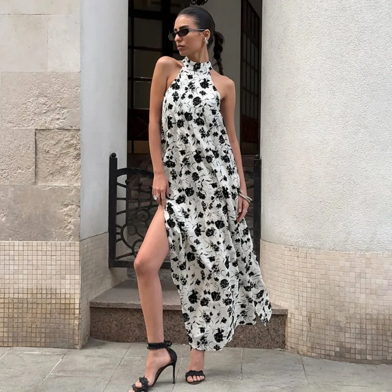 

Tuularose Women's Printed Long Dresses Elegant Sleeveless High Neck Backless Loose Summer Dress Vintage New Women's Casual Dress