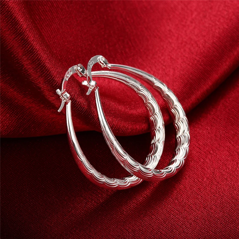 Charm 925 Sterling Silver 33MM Texture U Hoop Earrings For Women Fashion Party Favors Wedding Jewelry Wholesale