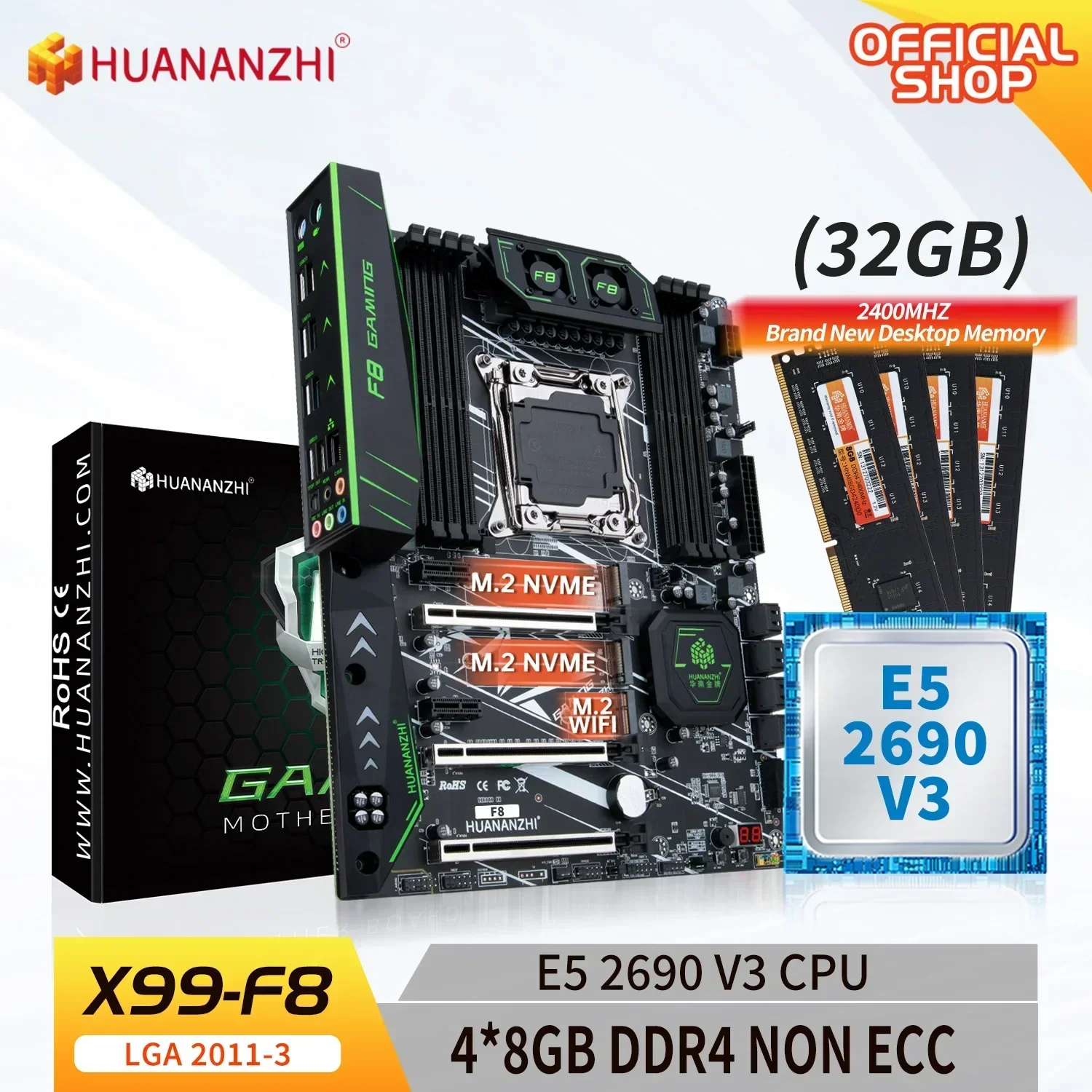 HUANANZHI X99 F8 LGA 2011-3 XEON X99 Motherboard with Intel E5 2690 v3 with 4*8G DDR4 NON-ECC memory combo kit set NVME SATA USB