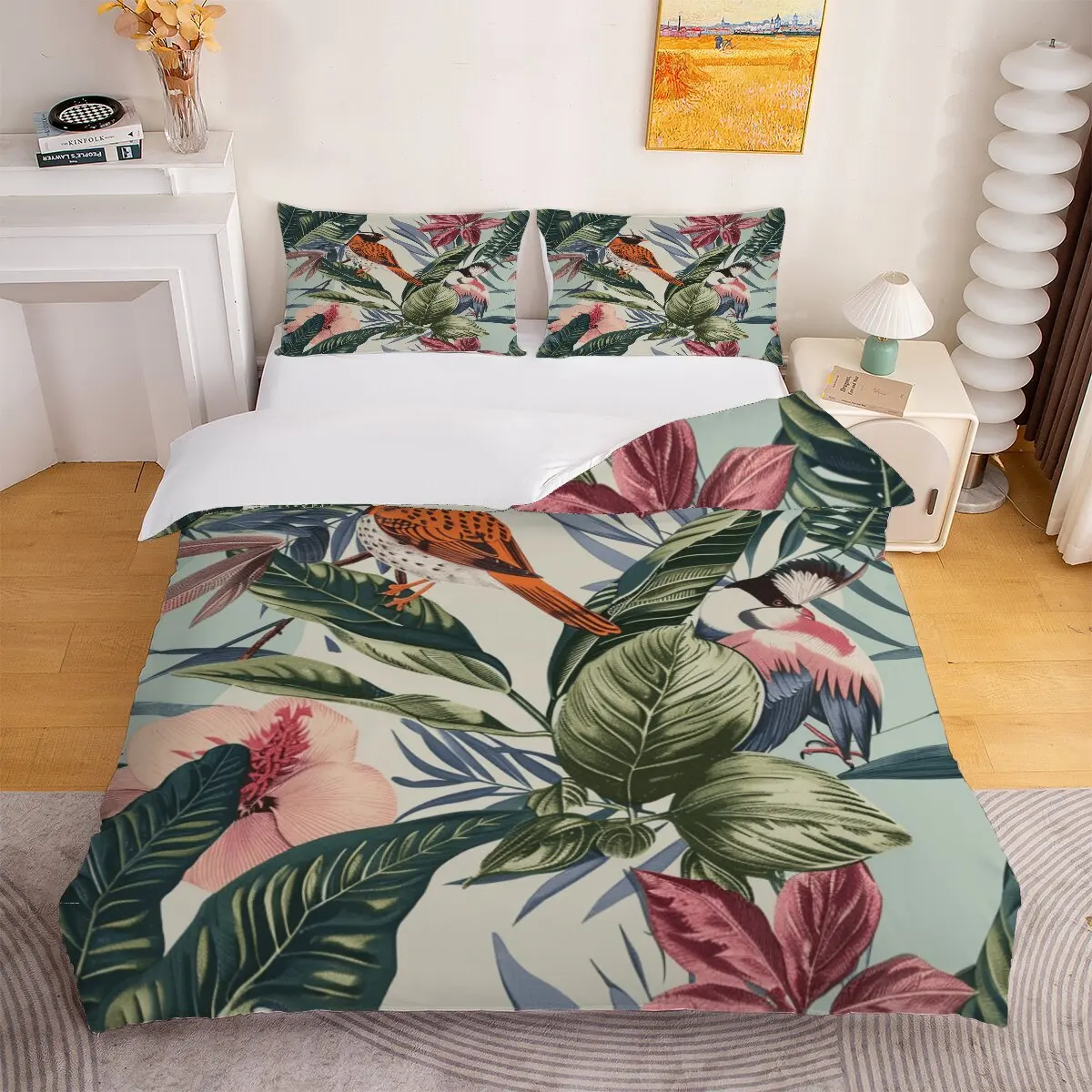 Tropical bird  Duvet size  Pink flowers  1 duvet cover and 2 pillowcases (without blankets)