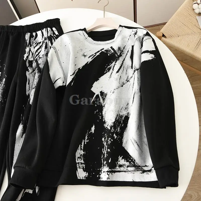 Garaouy 2024 Spring Women O Neck Long Sleeve Irregular Foil Sweatshirt+Elastic High Waist Sweatpants Female Loose Tracksuit Set