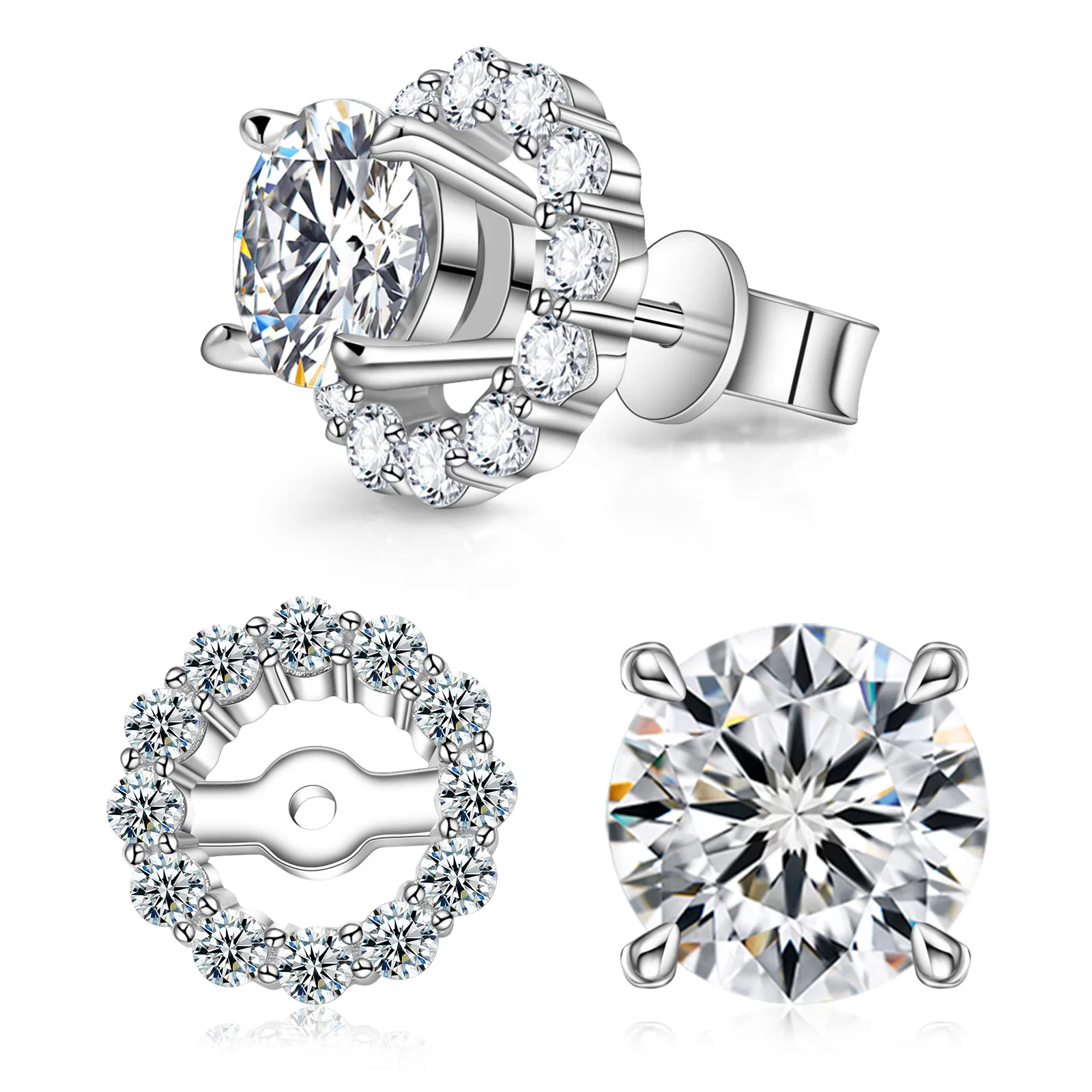 

2 in 1 Wear Moissanite Stud Earrings White Gold Plated Sterling Silver D VVS1 Round Cut Lab Diamond Screw Ear Studs For Women
